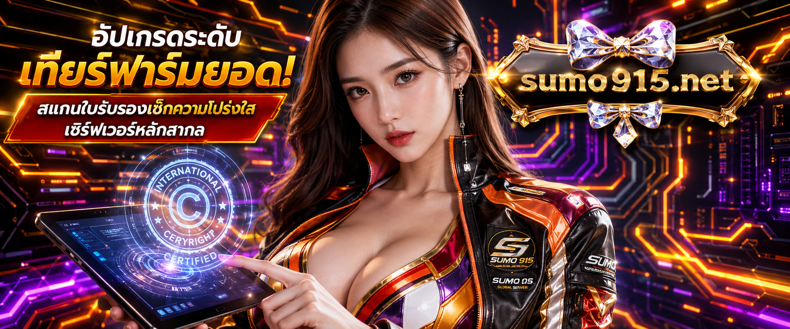 โปรเพลเยอร์สาวมั่นในชุดทีมแข่งวางมือแตะหน้าจอดิจิทัลตราประทับลิขสิทธิ์ เว็บคาสิโนถูกกฎหมาย SUMO915 มั่นใจได้เงินจริงร้อยเปอร์เซ็นต์